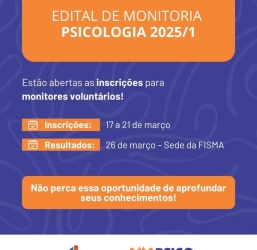 Aberto edital de seleção de monitoria voluntária para o curso de psicologia